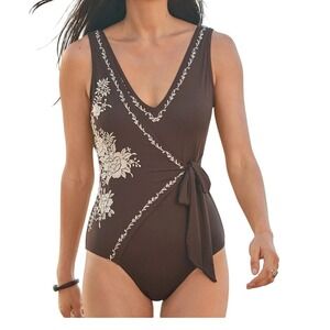Sundance South Pacific Brown Embroidered One Piece Swimsuit Tie Front Size Large